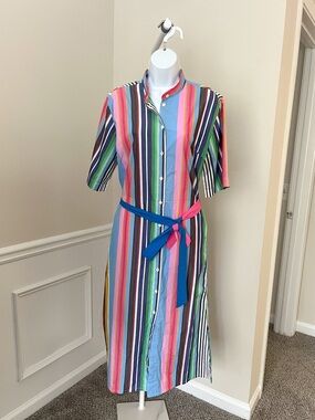 Mii Cotton Striped Button Down Midi Shirt Dress Tie Belt Short Sleeve Women’s 8